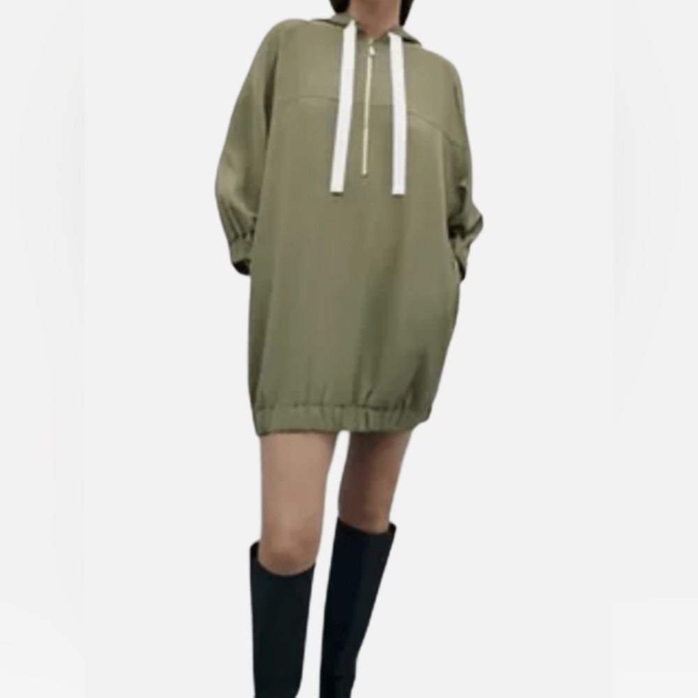 Zara Sage Green Hooded Track Style Short Dress Half Zip Front  Size M